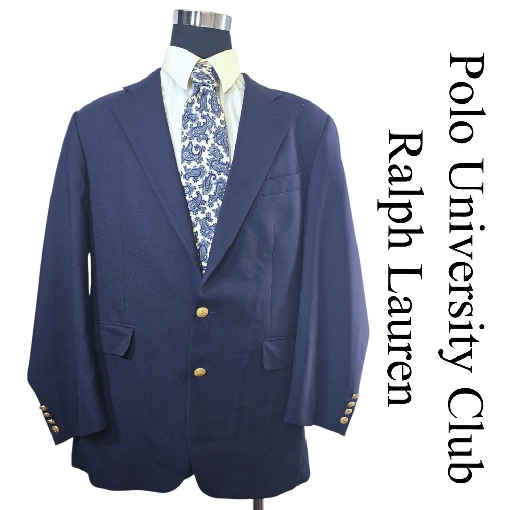 Polo Ralph Lauren Blazer Mens 46 Navy Blue Wool Sport Coat Gold Crest Button Vtg